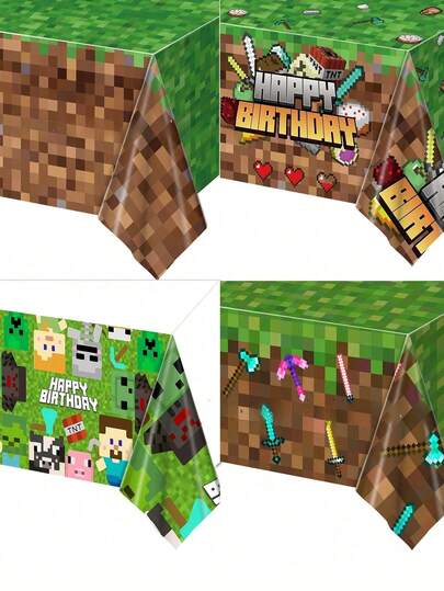 1pc Minecraft Pixel Battle Game Theme Birthday Party Decorative Tablecloth, Size 137cm*274cm, Sandbox Game, Steve, Alex, Passive Mode, Villager Pattern Tablecloth, Birthday Decoration Tablecloth, Holiday Party Tablecloth, Perfect Decoration For Halloween, Christmas, Birthday Party
