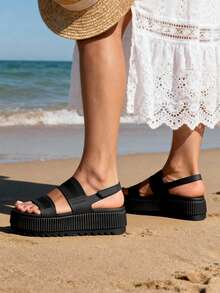 Women's Waterproof 1.69inch Platform Water Sandals Adjustable Casual Lightweight Wedge Chunky Sandals For Beach Vacation Summer All Black Shoes - 黑色 - 查看 6