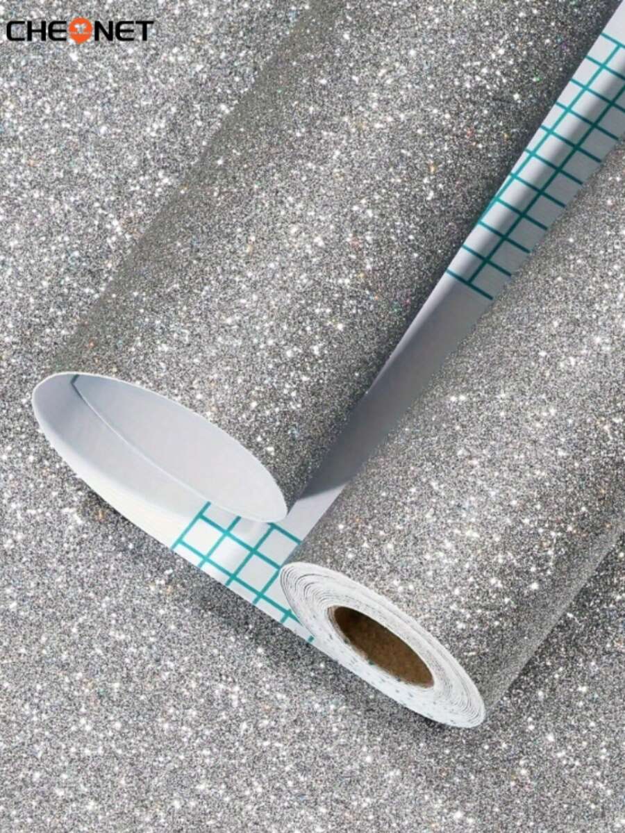 CHEONET-灰色闪光壁纸，即撕即贴，闪亮壁纸，乙烯基闪光自粘纸，现代可移除银色闪光壁纸，装饰墙面，即撕即贴，台面，家具DIY