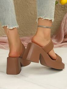 Waterproof Platform Thick Sole Slide Sandals For Women, Open Toe Chunky High Heel Slippers, Summer New Arrival Wedding - Brown - View 3