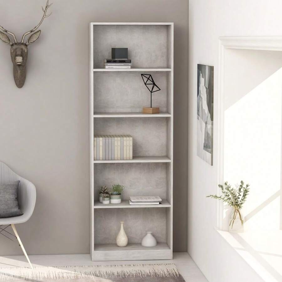 vidaXL Bibliothèque de 5 niveaux Gris béton 60x24x175cm Bois ingénierie - Gris - Voir 1