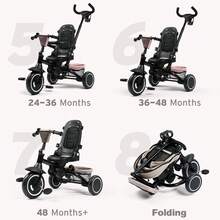 Kinder King Kids Trike Tricycle For Toddlers 1-3, 8 In 1 Folding Toddler Trike W/1-Step Brake, Adjustable Push Handle, Rotatable Seat, Adjustable Canopy, Bell, 5-Point Harness, Storage, Black - Black - View 6