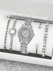JasonRolls 5pcs/Set Silver Alloy Strap Women's Watch Set, Luxury & Versatile, Crystal-Embellished Classic Three-Eye Dial Quartz Watch Bracelet Set, Suitable For Daily Outfit Matching Or As Holiday Gift - Silver - View 7