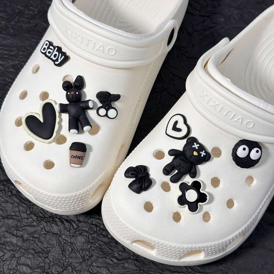 10件套 3D兔子和熊DIY配件，动物主题，ABS材质，可爱鞋子装饰，派对生日礼物。 - 黑色 - 查看 1