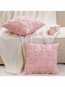 1/2 Pcs Bow Pillowcase Set Of Two Comfortable Room Decor Cute Faux Fur Soft Bow Without Padding Fluffy Plush Aesthetic Pillowcase Bed Sofa Sofa Sofa, Autumn Christmas Decoration (18 X 18 Inches, Pink) - 弓 - 查看 2
