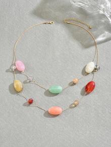 1 szt. Modny damski kolorowy naszyjnik z żywicy kryształowej z podwójnymi warstwami, długi, odpowiedni do noszenia na co dzień - wielobarwność - Zobacz 3