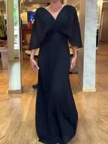 Dresses For Women,Women's Fashionable And Elegant Solid Color Pleated V-Neck Batwing Sleeve High Waist Full Skirt Long Dress - 黑色 - 查看 2