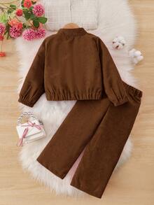 两件套女童休闲纯色柔软舒适灯芯绒长袖外套和裤子套装，适合秋冬季户外穿着 - 咖啡棕 - 查看 2