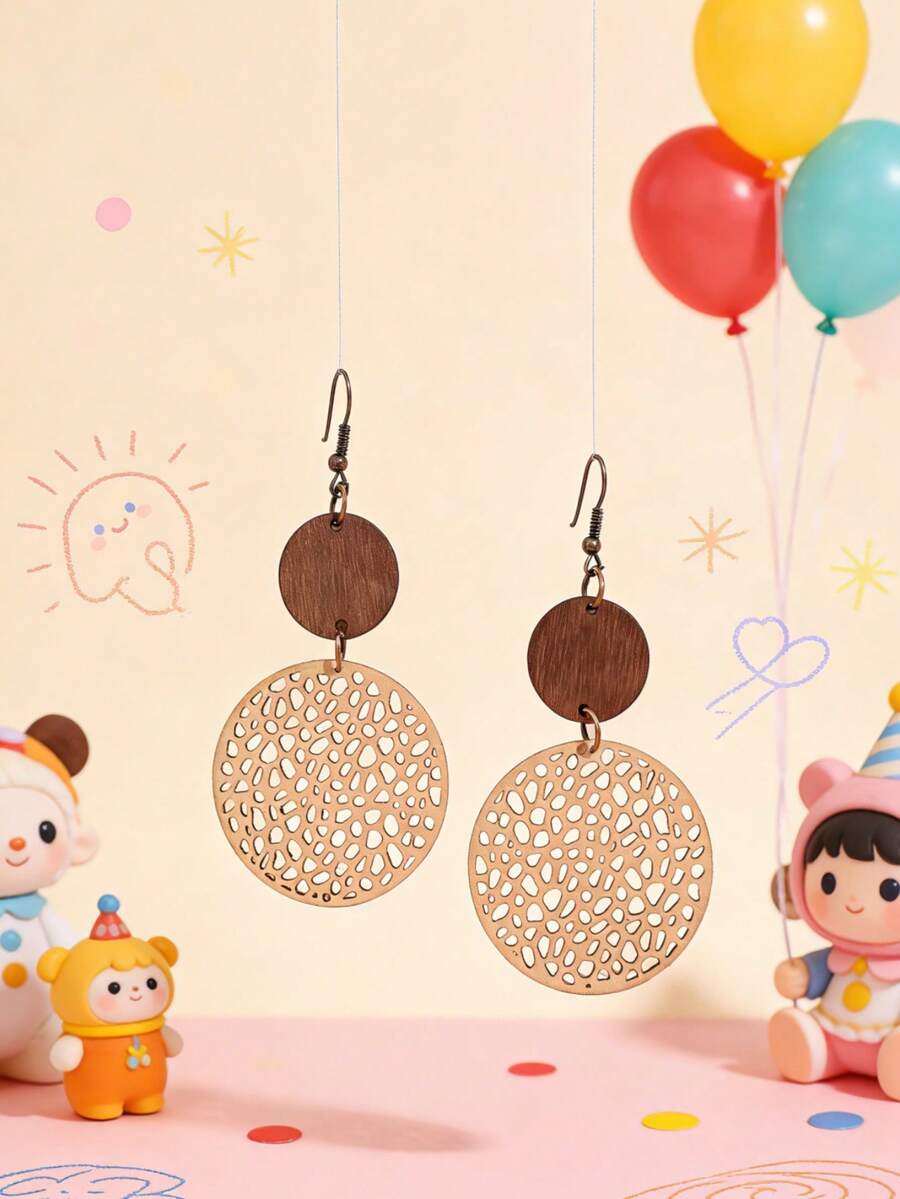 1 Pair Fashionable Classic Hollow Round Wooden Slice & Leather Earrings - one-size - View 1