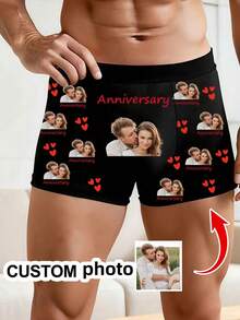 1pc Customized Couple Photo & "2nd Anniversary" Text Print Black Breathable Fabric Funny Couple Boxer Briefs, Suitable As 2nd Wedding Anniversary/Valentine's Day Gift - Multicolor - View 1