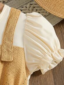 Girls' Elegant Summer Dress, Round Neck Puff Sleeve, 2 In 1 Splicing, Teardrop & Irregular Hem Design, Casual Sweet Fashion Girl Dress, Suitable For Daily, Party, Gathering - Khaki - View 4