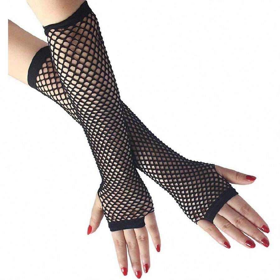 Black Fishnet Gloves - Long Elastic Lace Sleeves, Party Accessories, Black Nylon Fingerless Openwork, 1920s Women's Gloves, Black/Purple. - 黑色 - 查看 1