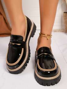 New Women Loafers Thick Sole Fashion Versatile Leather Upper Slip-On Round Toe Shoes, Black, Spring/Autumn - Black - View 3