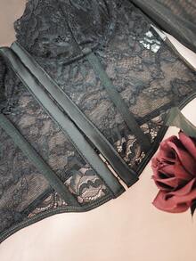 1件性感透视网纱蕾丝边修身长袖上衣，性感迷人，适合日常穿着，黑色 - 黑色 - 查看 10