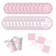 Pink Bow Plate Napkins And Paper Cups Set, Pink Bow Plate, Napkins And Paper Cups Party Supplies, Paper Plate Party Utensils Suitable For Birthdays, Weddings, Parties, Families, Picnics - Multicolor - View 1