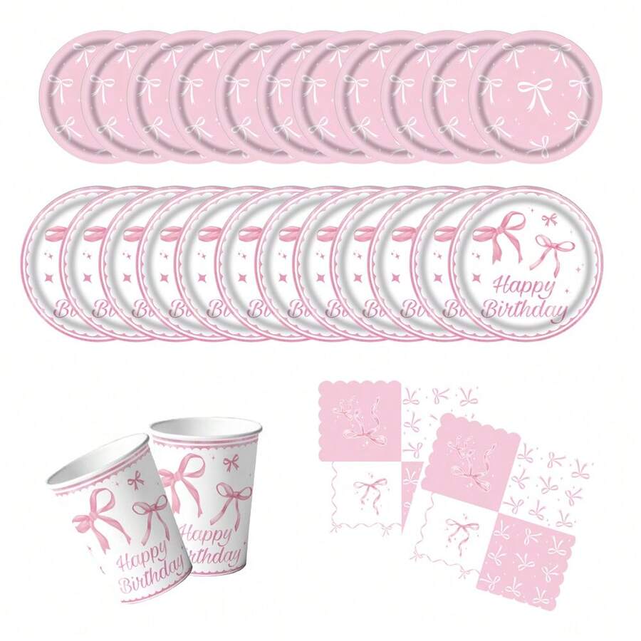 Pink Bow Plate Napkins And Paper Cups Set, Pink Bow Plate, Napkins And Paper Cups Party Supplies, Paper Plate Party Utensils Suitable For Birthdays, Weddings, Parties, Families, Picnics - Multicolor - View 1