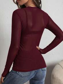 Vuslat Women's Versatile Sexy Tight Shirt Y2K Bombshell Deep Red Leopard Print Sheer Mesh Long Sleeve Crew Neck Top, Casual Sheer Blouse, Suitable For Valentine's Day, New Year - Burgundy - View 8