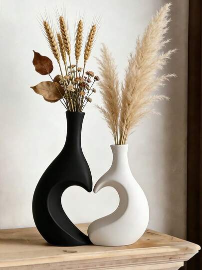 2pcs Heart-Shaped Vases, Plastic Vases, Nordic Style Decorative Vases, Black & White Minimalist Vases, Suitable For Dried Flower Arrangements In Living Room, Bedroom, Office Desk, Decor Scenes, Room Decor, Home Decor, Office & Bedroom Accessories