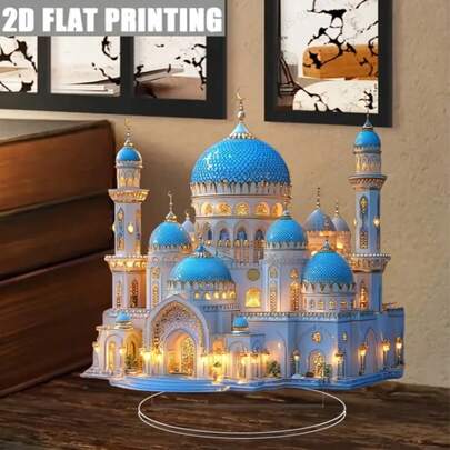 نموذج مسجد أكريليك عتيق مع حامل - طباعة زرقاء وبيضاء أنيقة الأبعاد، زخرفة مكتبية دينية لشهر رمضان، لا يحتاج إلى طاقة، فكرة هدية مثالية، ديكور رمضان | تصميم معقد | قاعدة قوية مضمنة، ديكور منزلي إسلامي