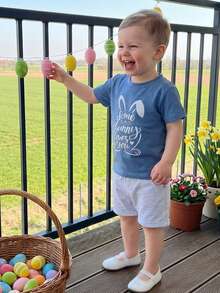 2Pcs Toddler Boy Easter Outfits Infant Baby Summer Clothes Some Bunny Loves You Letter Print Short Sleeve T Shirts And Shorts Set - Blue - View 3