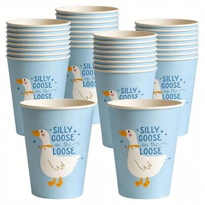 10/20/40pcs 9oz Blue Cute Goose Paper Cups, Disposable Beverage Cups With Cute Goose Pattern, Suitable For 1st Birthday Party, Gender Reveal Party, Baby Shower Party Decoration
