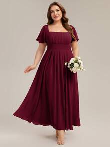 EVERPRETTY Elegant Chiffon Lantern Sleeve Burgundy Bridesmaid Dress, Wedding Guest Dress Spring - Burgundy - View 2