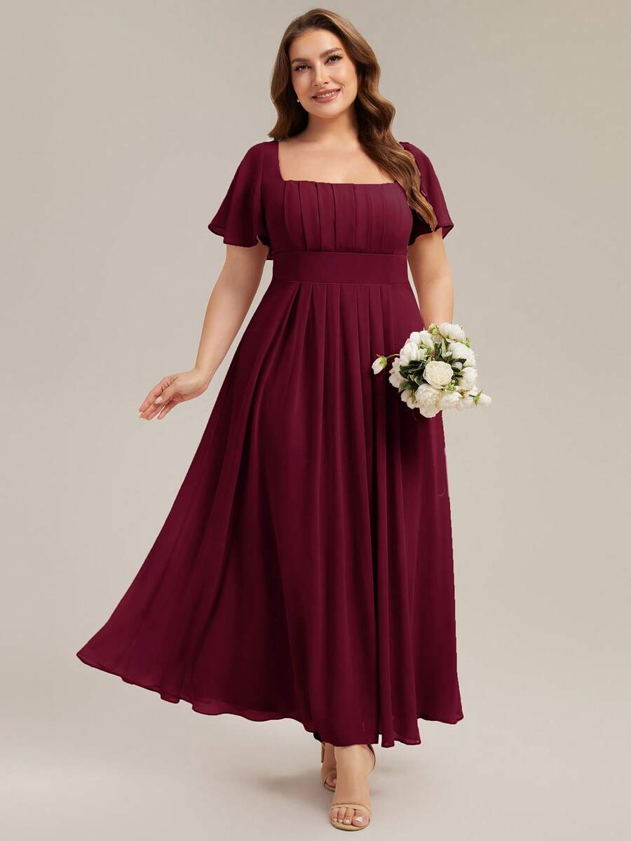 EVERPRETTY Elegant Chiffon Lantern Sleeve Burgundy Bridesmaid Dress, Wedding Guest Dress Spring
