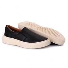 Men's Casual Slip-On Sneakers, Synthetic Leather Boat Shoes, Easy To Put On - 黑色 - 查看 4
