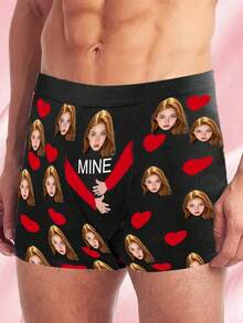 Customized Face Print Men's Briefs, Boxer Briefs With Non-Curling Waistband, Personalized Men's Underwear, Customizable Photo/Image Printed Underwear, Ideal Gift For Boyfriend/Husband, Customized, Winter, Personalized Gift, Anniversary, Holiday - Black - View 3