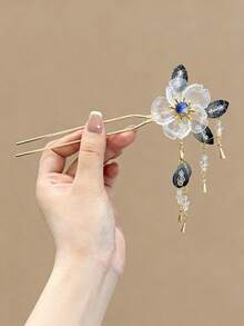 1个女士透明花朵发夹，配蓝黑叶子流苏吊坠，优雅的中国风发饰，适合搭配汉服和古代服饰，可作发髻固定、发型发夹、发卡等。 - 彩色 - 查看 12