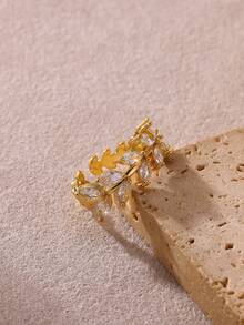 1 Pc Fashion Cubic Zirconia Green Leaf Ring For Women Gold Color Stainless Steel Open Rings Wedding Party Jewelry Gift - Multicolor - View 10