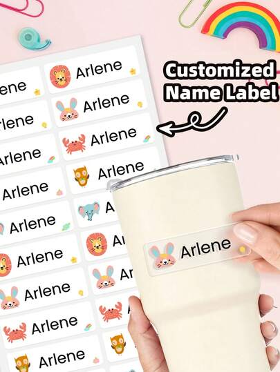 1-240pcs Custom Name Stickers, Waterproof Modern Stationery Labels, Cute Cartoon Animal Pattern Stickers, Personalized Clear Name Tags, Custom Waterproof Oilproof Transparent Stickers, Paper Name Number Category Labels