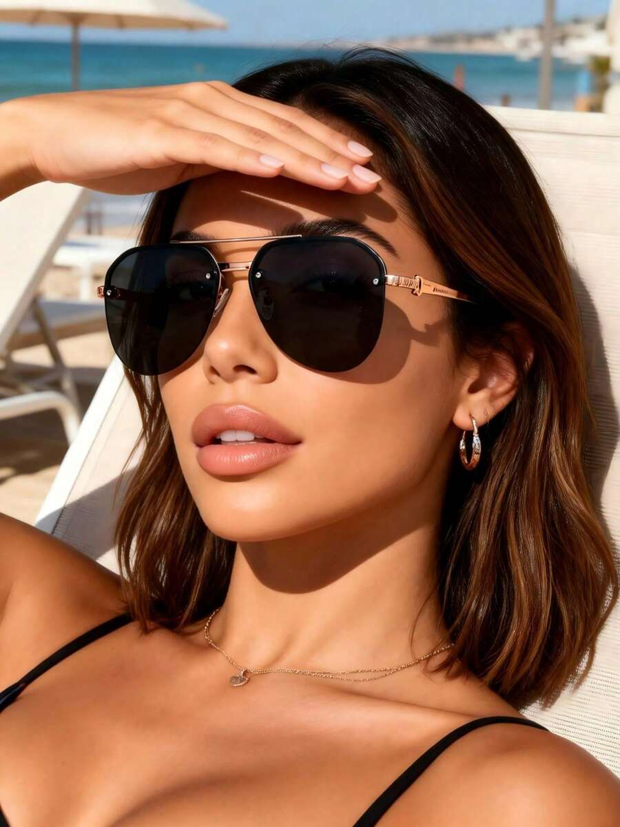 1 Pair Women's Retro Aviator Frame Fashion Glasses, Eye Protection, Daily Accessory, Beach Decor, Women's Glasses, Basic Autumn/Winter Outfit, Business Casual, Summer Beach Vacation, Outdoor Activities, Travel Gift - Grey - View 1