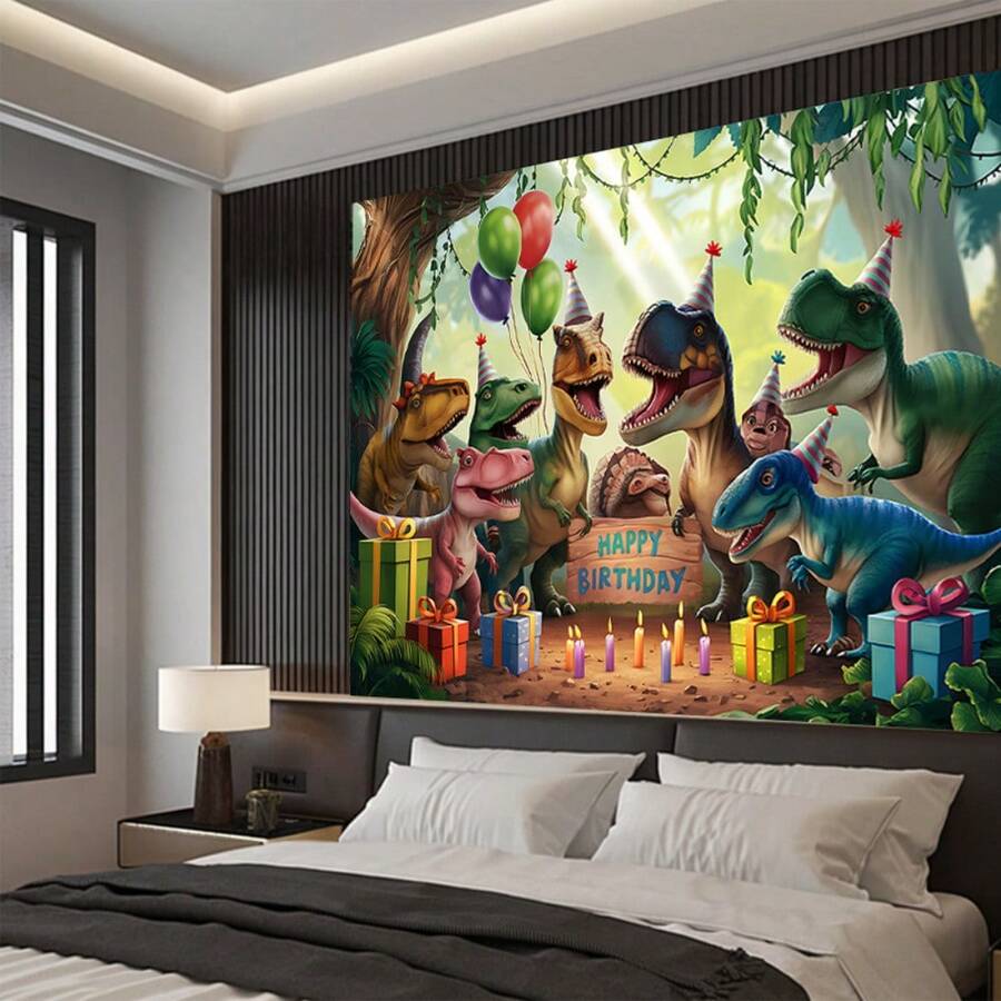 1pc Dinosaur Birthday Party Banner - Vibrant Cotton Fabric Background With Cartoon Dinosaurs, Balloons And Gifts, 75g/㎡, Ideal For Room & Wall Decor, Photo Props And Holiday Celebrations, Party Decorations - Multicolor - View 1