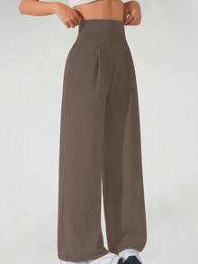 Women's High Waist Sports Pants - Loose Wide Leg Yoga Pants With Pockets, Fashionable Solid Color Casual Sports Wide Legs Pants, Wide Leg High Waist Casual Pants, Spring And Autumn Daily Casual - Cà phê nâu - Xem 5