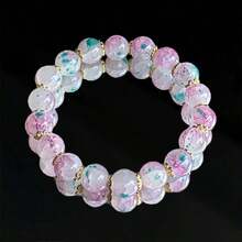 1Pc Pink Purple And Blue Smudged Round Beads With Gold Ornamental Bracelet, Suitable For Mother's Day, Graduation Season, Thanksgiving And Christmas Celebrations, Suitable For Daily Wear And Gift Giving. - 預設 - 查看 13