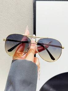 1pc Women's Metal Oval Frame Retro Double Bridge Fashion Pilot Fashion Glasses For Vacation Beach Accessories For Women Glasses Shades - màu vàng lục - Xem 3