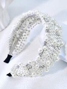 1件珍珠发箍，优雅简约设计，饰以水钻，宽边头饰，适合新娘、婚礼、节日、派对、约会、休闲、情人节等场合，女士发饰 - 白色 - 查看 6