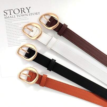 1pc Korean Style PU Leather Belt, Gold Irregular Buckle, Slim Waist Belt For Jeans, Dresses, Suits, Versatile Daily Wear