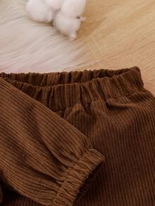 两件套女童休闲纯色柔软舒适灯芯绒长袖外套和裤子套装，适合秋冬季户外穿着 - 咖啡棕 - 查看 8