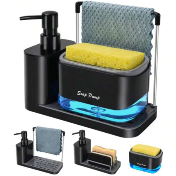 4-In-1 Kitchen Sink Countertop Organizer, Tray-Style Hand Soap & Dish Soap Dispenser Set, Dual-Purpose Dispenser With Sponge Holder And Dishcloth Rack (Black)