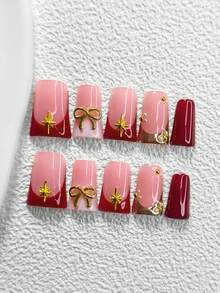 10pcs French Manicure Nail Stickers, Chic Style With Gold & Deep Red French Tips, Pearlescent Star Design, 3 Styles Available: Almond, Square, Stiletto Shapes, Includes Tool Kit (1 Jelly Sticker + 1 Nail File), Suitable For Women & Girls, Daily, Photography, Party, Wedding Nails Nail Supplies - 彩色 - 查看 14