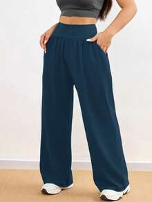1件装加大码女士宽松阔腿瑜伽裤，纯色百搭，适合日常休闲穿着、室内健身瑜伽普拉提、户外跑步骑行，侧边口袋，弹性腰带，飘逸柔软，四季皆宜 - 寶藍色 - 查看 3