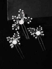 3pcs Bridal Hair Accessories Decorative Hairpins With Rhinestones & Pearl Flowers For Wedding - 63445 Multicolor - View 2