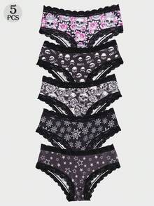 Dircho 5件套女士个性印花三角裤套装，骷髅头、玫瑰、星星图案，黑色蕾丝边，柔软面料，深色调，日常舒适内裤，大胆休闲风格 - 彩色 - 查看 1