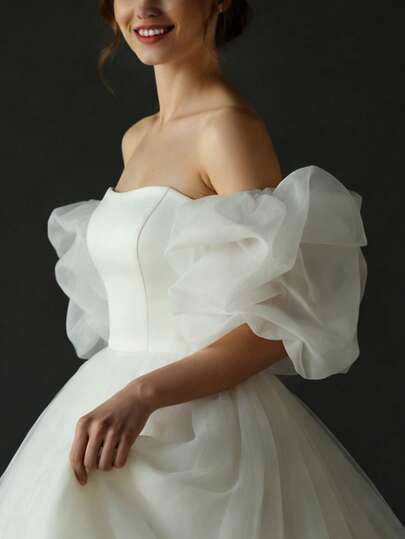 1对欧根纱公主袖，适合新娘婚礼、女士派对、生日和摄影，时尚配饰