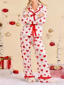 Women's Valentine's Day Pajamas Cute Heart Printed Bow Tie Long Sleeve Tops With Pants 2Pcs Sleepwear - 紅色 - 查看 3
