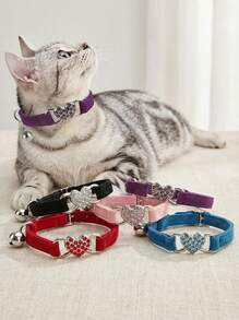 PETSIN 1pc Pet Collar With Rhinestone Heart & Bell Decoration, Cat Collar - Multicolor - View 1