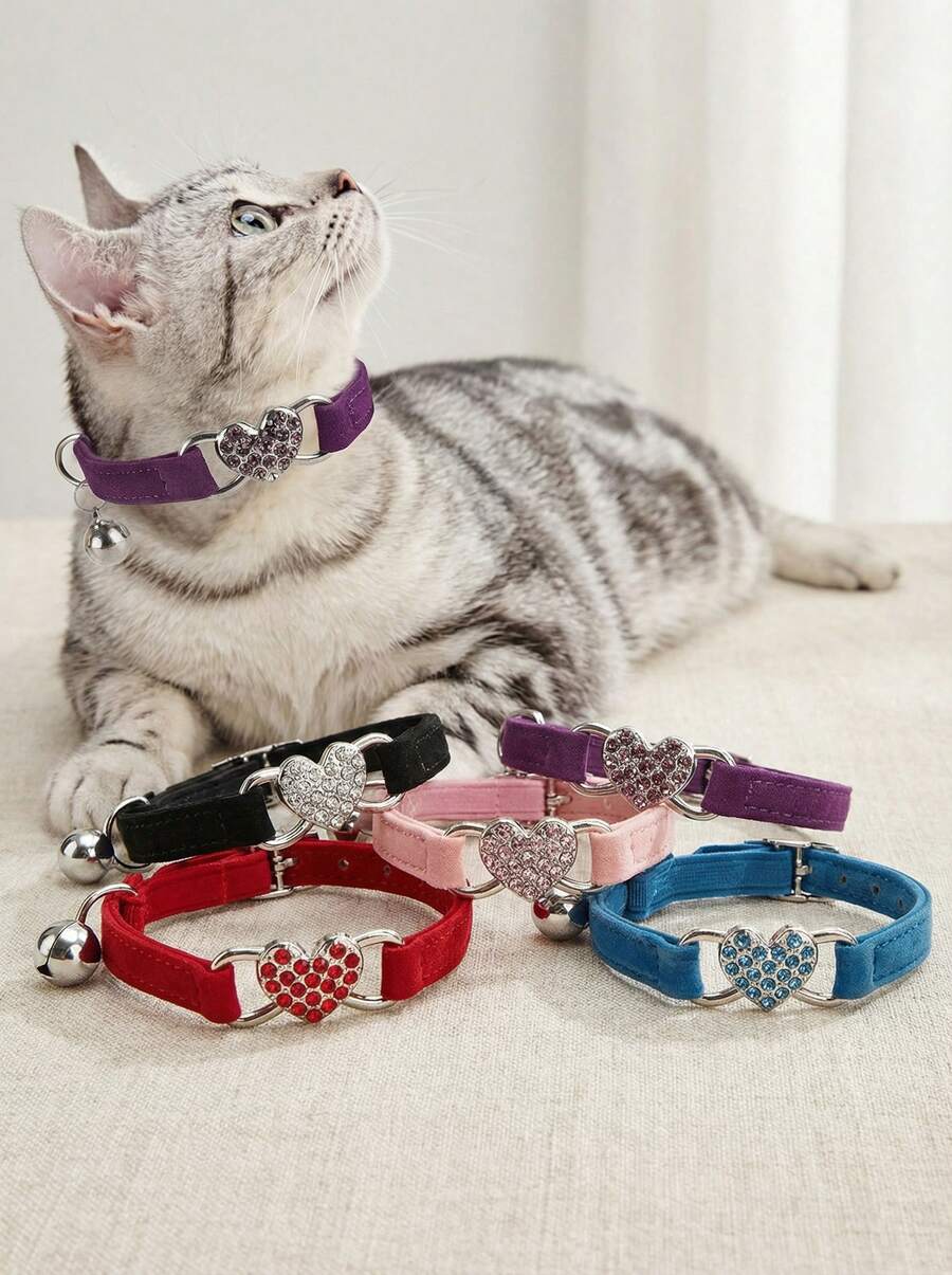 PETSIN 1pc Pet Collar With Rhinestone Heart & Bell Decoration, Cat Collar - Multicolor - View 1