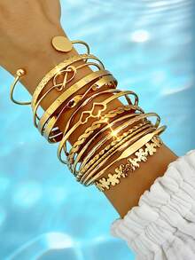 25-1件复古优雅硬币风格时尚金属几何不规则水钻花朵爱心蝴蝶结锤纹多层镂空宽手链套装，适合男女情侣派对结婚周年纪念礼物、日常佩戴 - 彩色 - 查看 4